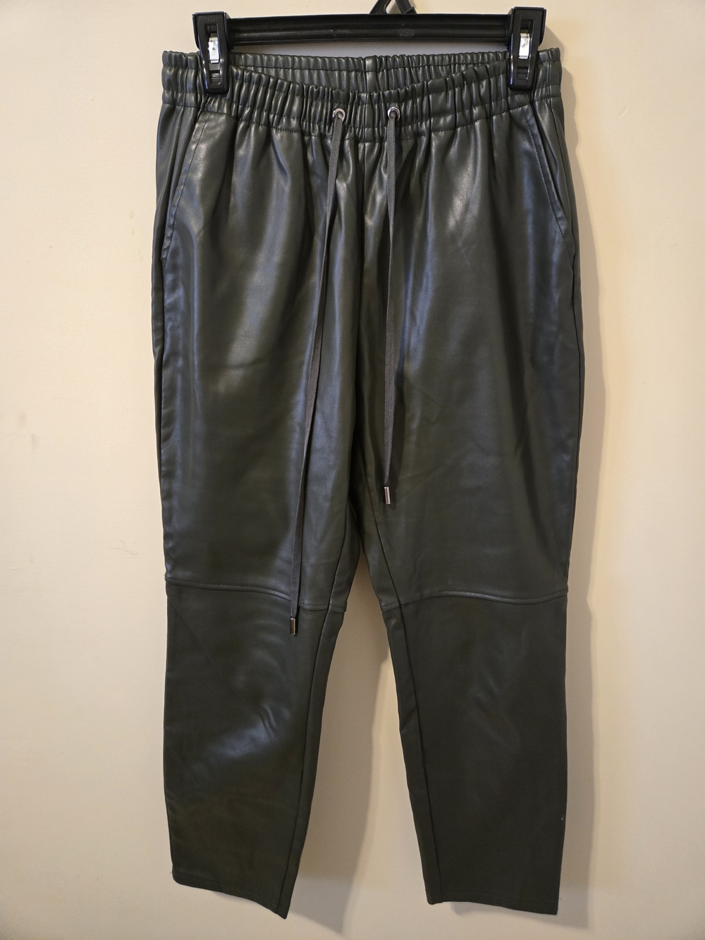 Ladies Green Faux Leather Jogger Pants with Drawstring